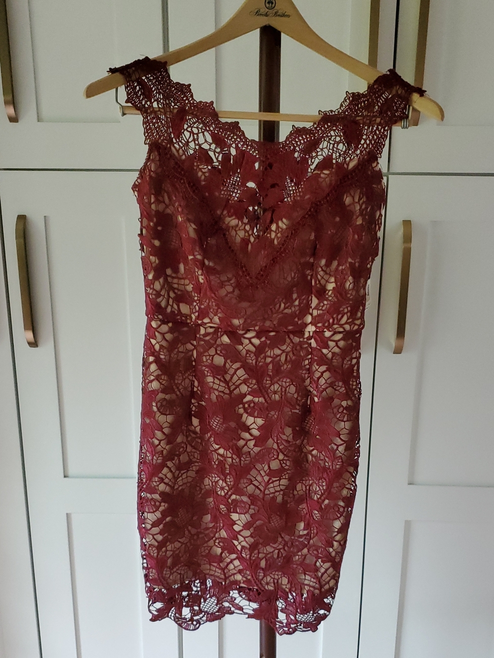 Lace Overlay Sheath Dress in Wine Red